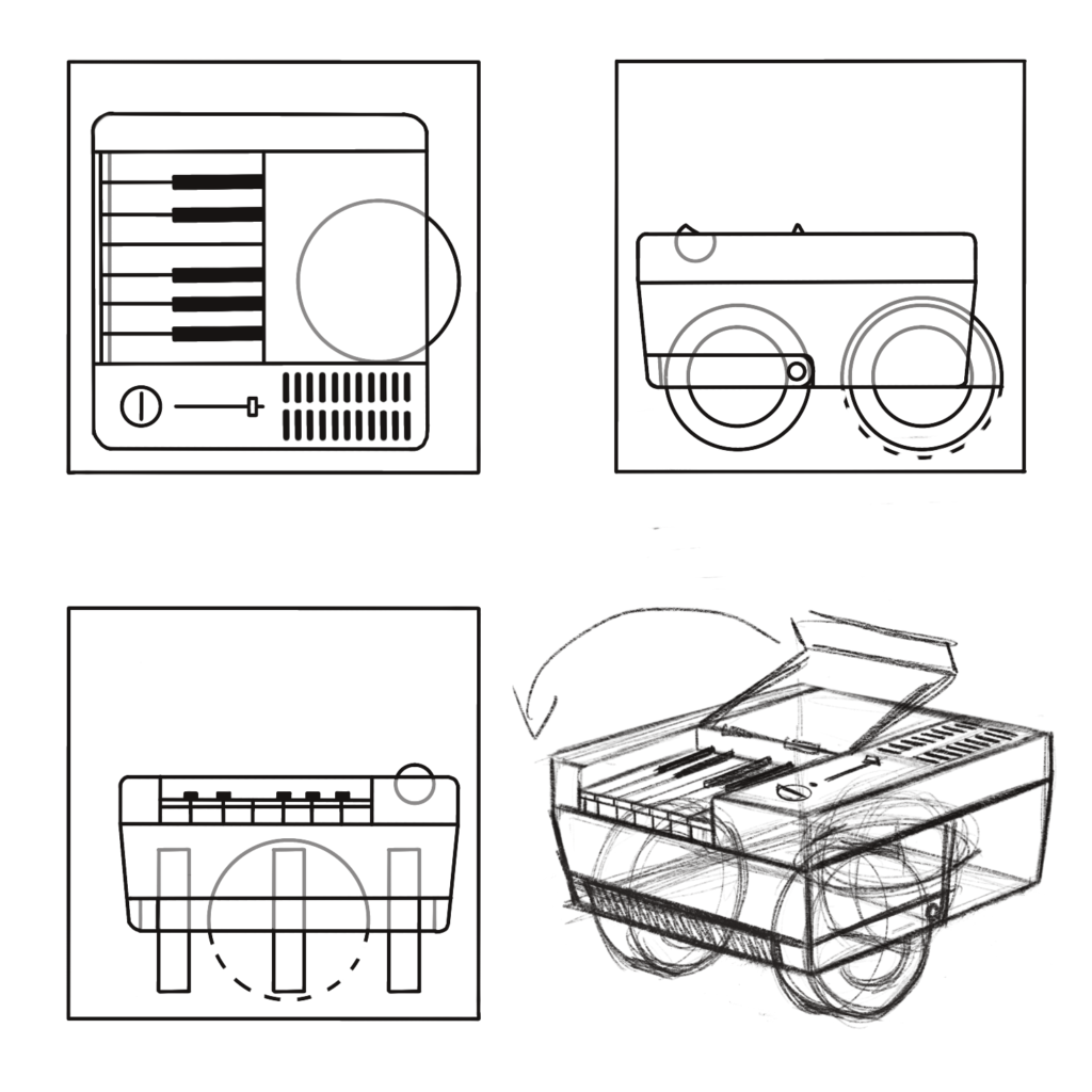 Final Sketch showing the Box Piano, ready for 3D Modelling